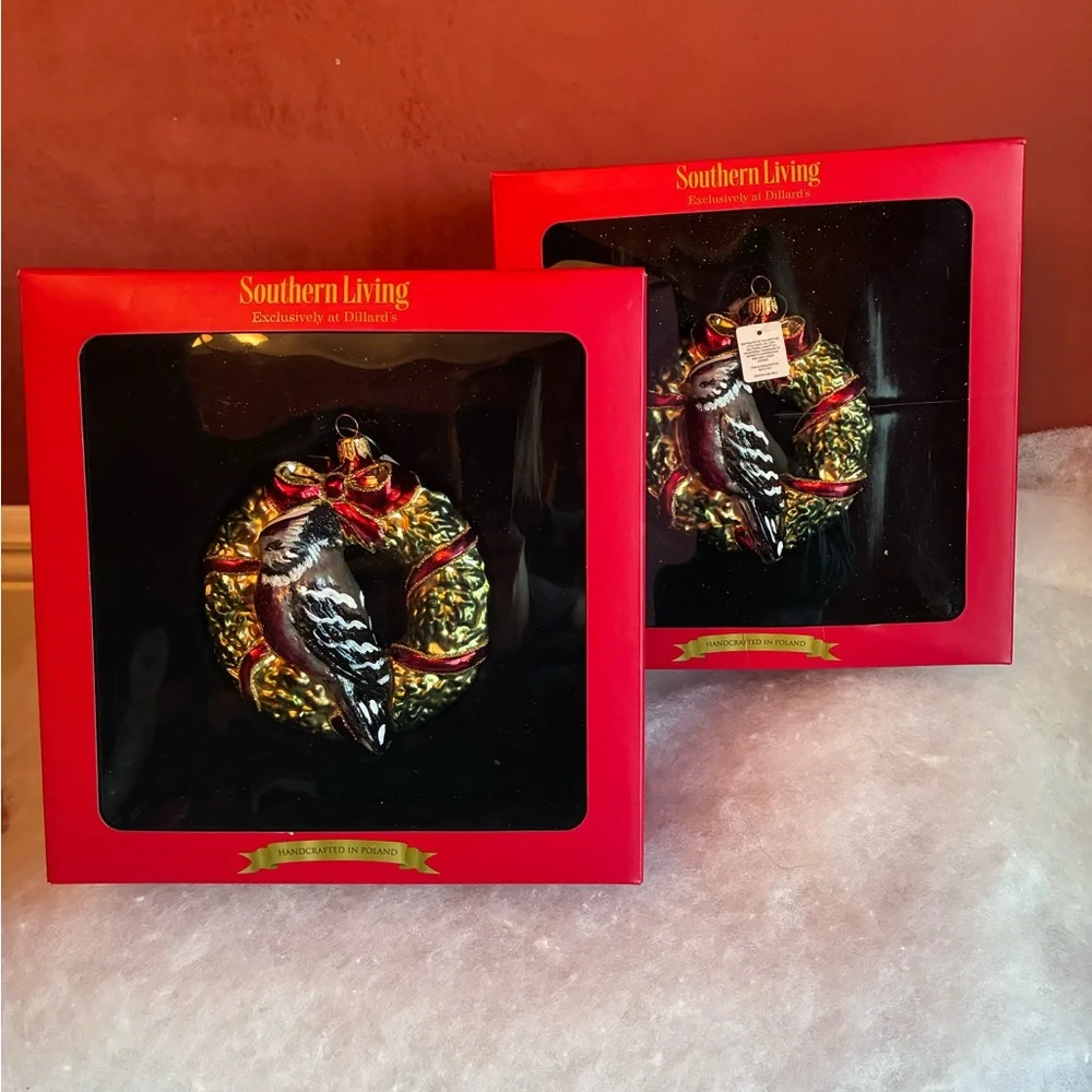 Southern Living NIB Festive Bird Mouth Blown Glass Ornaments, Set of 2